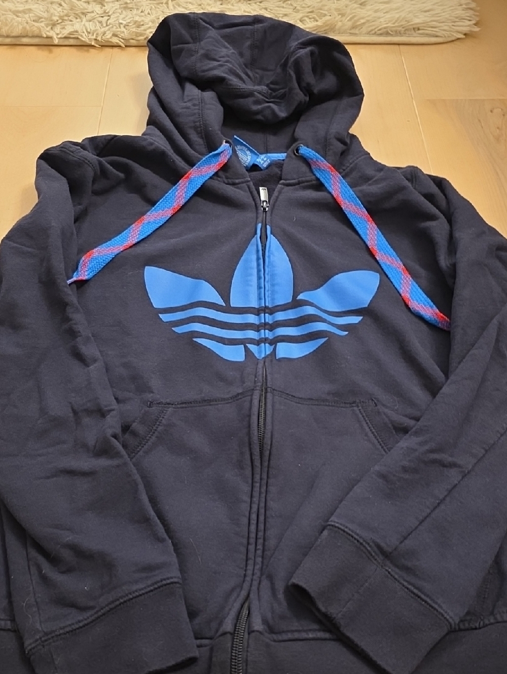 adidas Black Hoodie with Blue Trefoil and Red-Blue Drawcords